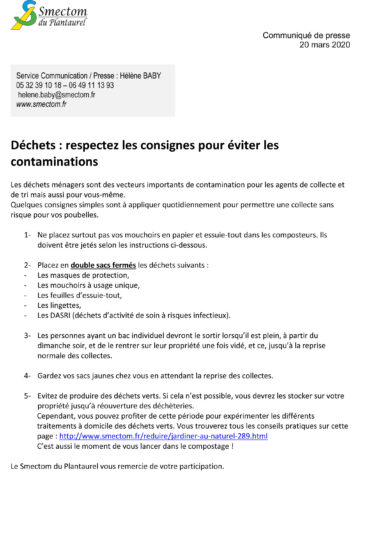 CONSIGNES DU SMECTOM POUR UNE COLLECTE DES DÉCHETS SÉCURISÉE